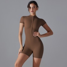 Zippered Short-Sleeved Tight-Fitting Sports Bodysuit Brown