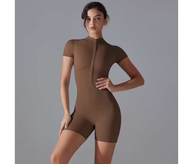 Zippered Short-Sleeved Tight-Fitting Sports Bodysuit Brown