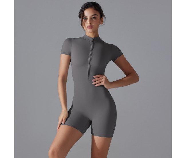 Zippered Short-Sleeved Tight-Fitting Sports Bodysuit Grey
