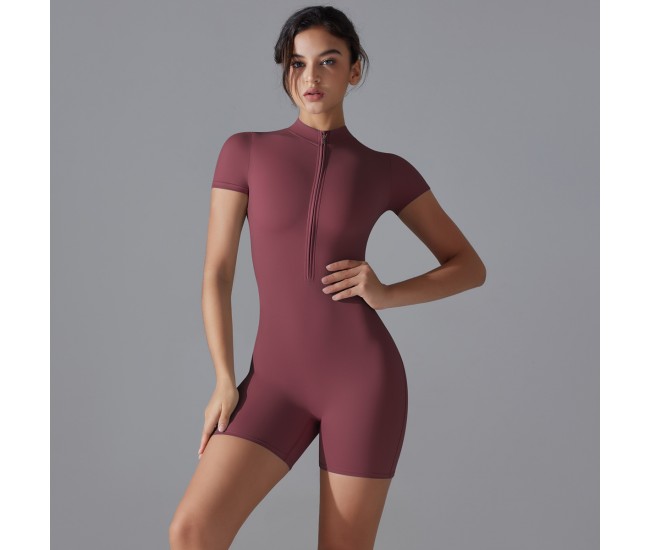 Zippered Short-Sleeved Tight-Fitting Sports Bodysuit Red