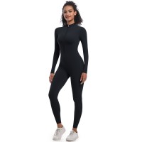 Solid Color Half-Open Zipper Tight-Fit Long Sports Bodysuit Black