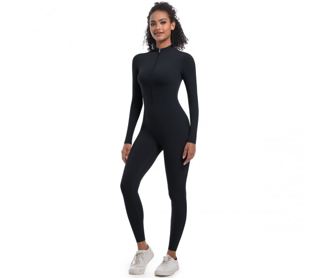Solid Color Half-Open Zipper Tight-Fit Long Sports Bodysuit Black