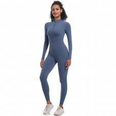 Solid Color Half-Open Zipper Tight-Fit Long Sports Bodysuit Blue