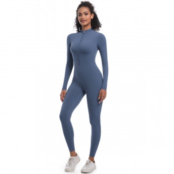 Solid Color Half-Open Zipper Tight-Fit Long Sports Bodysuit Blue