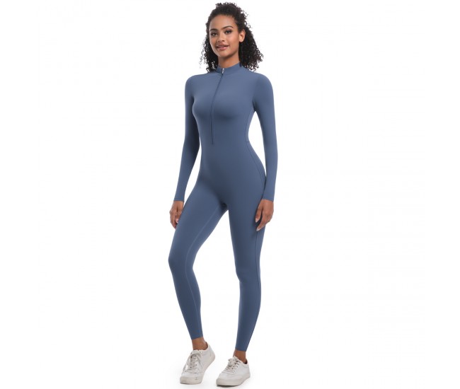 Solid Color Half-Open Zipper Tight-Fit Long Sports Bodysuit Blue