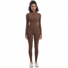 Solid Color Half-Open Zipper Tight-Fit Long Sports Bodysuit Brown
