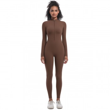 Solid Color Half-Open Zipper Tight-Fit Long Sports Bodysuit Brown