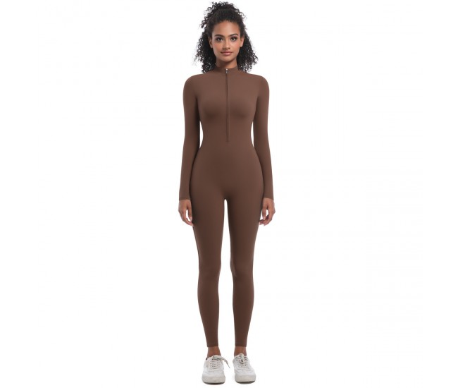 Solid Color Half-Open Zipper Tight-Fit Long Sports Bodysuit Brown