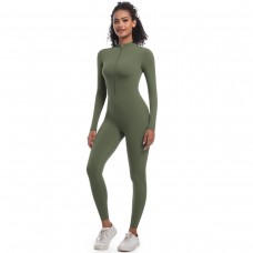 Solid Color Half-Open Zipper Tight-Fit Long Sports Bodysuit Oliver