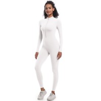 Solid Color Half-Open Zipper Tight-Fit Long Sports Bodysuit White