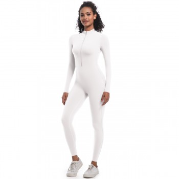 Solid Color Half-Open Zipper Tight-Fit Long Sports Bodysuit White