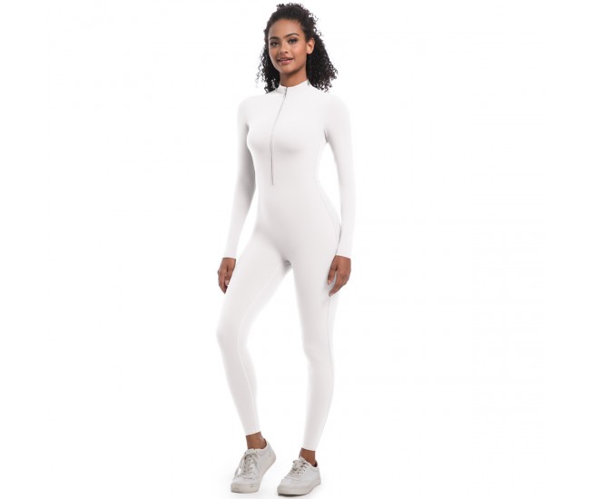Solid Color Half-Open Zipper Tight-Fit Long Sports Bodysuit White
