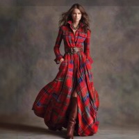 Women's retro plaid slimming irregular red dress