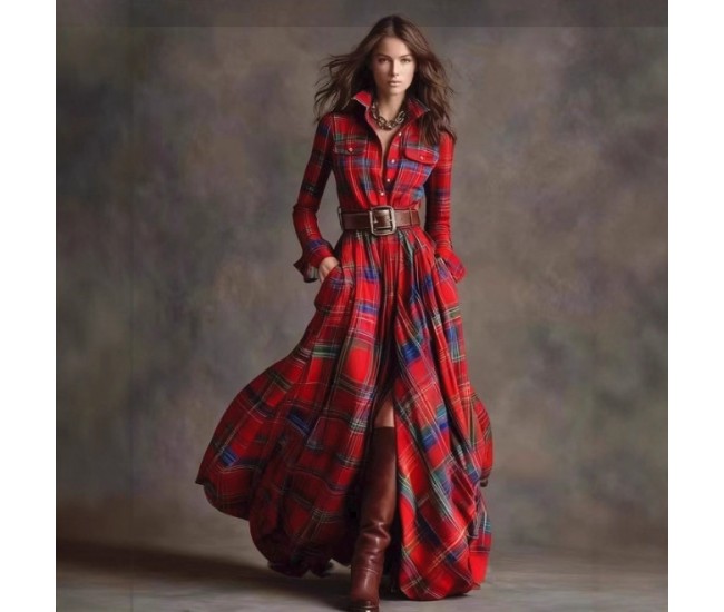 Women's retro plaid slimming irregular red dress