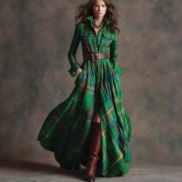 Women's retro plaid slimming irregular green dress