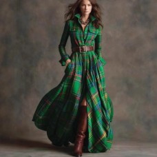 Women's retro plaid slimming irregular green dress Women's retro plaid slimming irregular green dress
