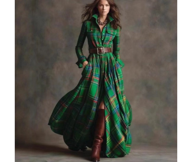 Women's retro plaid slimming irregular green dress
