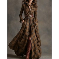 Women's retro plaid slimming irregular khaki dress