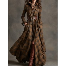 Women's retro plaid slimming irregular khaki dress Women's retro plaid slimming irregular khaki dress