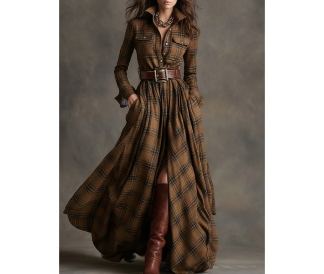 Women's retro plaid slimming irregular khaki dress