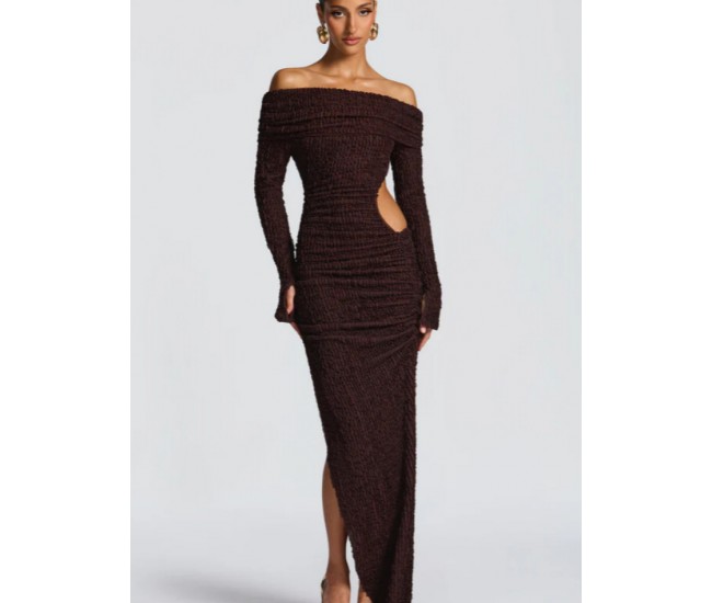 High-Slit Long-Sleeved Dress With A Slit Waist And Cutouts Coffee Brown