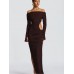 High-Slit Long-Sleeved Dress With A Slit Waist And Cutouts Coffee Brown