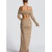High-Slit Long-Sleeved Dress With A Slit Waist And Cutouts Cameln