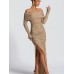 High-Slit Long-Sleeved Dress With A Slit Waist And Cutouts Cameln