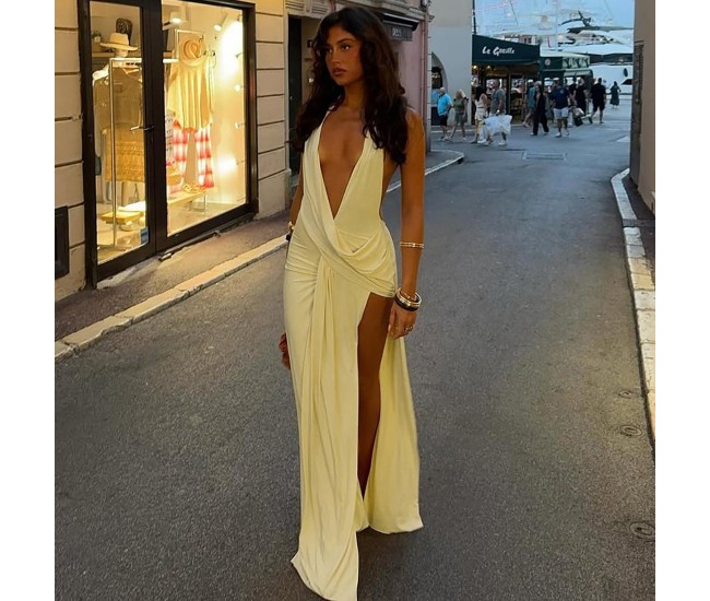 Women's Sexy Deep V-Neck Halter Neck Backless Slit Yellow Floor-Length Dress