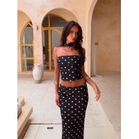 Women's Polka Dot Print Cropped Tube Top And Black Camisole Skirt Two-Piece Set