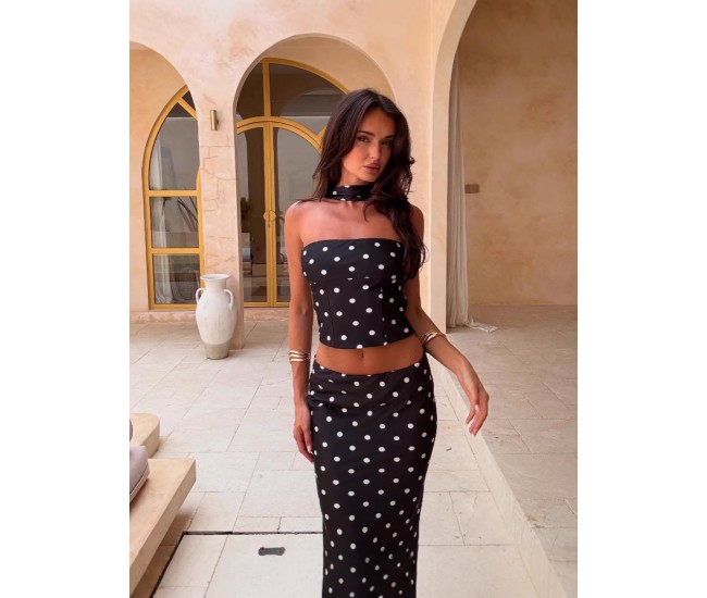 Women's Polka Dot Print Cropped Tube Top And Black Camisole Skirt Two-Piece Set