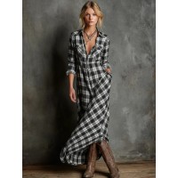 Women's Long-Sleeved Plaid Shirt Collar Dress Black and White