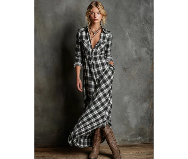Women's Long-Sleeved Plaid Shirt Collar Dress Black and White