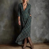 Women's Long-Sleeved Plaid Shirt Collar Dress Green