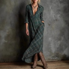 Women's Long-Sleeved Plaid Shirt Collar Dress Green Women's Long-Sleeved Plaid Shirt Collar Dress Green