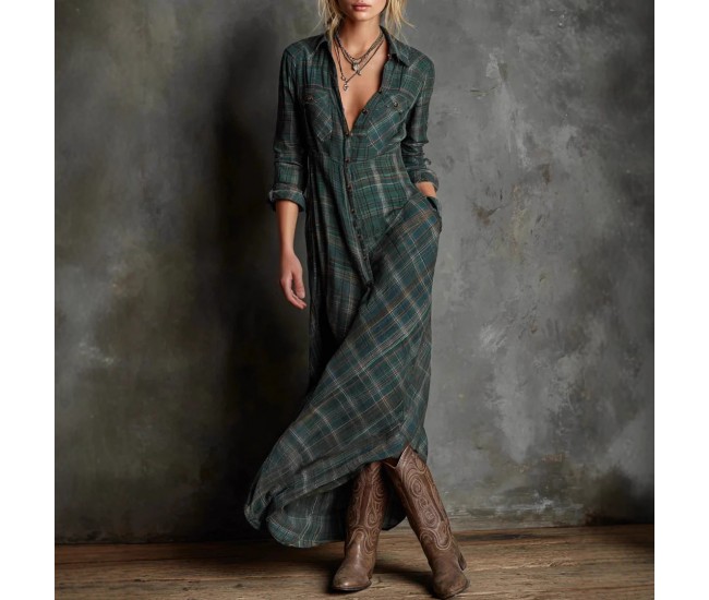 Women's Long-Sleeved Plaid Shirt Collar Dress Green