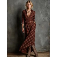 Women's Long-Sleeved Plaid Shirt Collar Dress Red