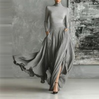 Women's French Retro Elegant Light Luxury Slim-Fit Dress Grey
