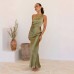 Women’s Sleeveless Solid Color Sexy Strapless Spaghetti Strap Slit Long Dress Green