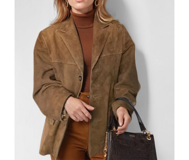 Women’s Retro Loose-Fitting Lapel Casual Long-Sleeved Fashion Suit Jacket Brown