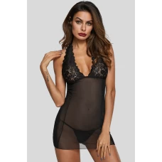 Women's Black V Neck Lace Mesh Chemise