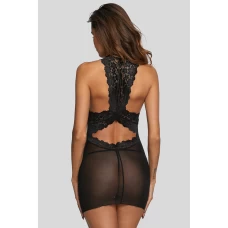 Women's Black V Neck Lace Mesh Chemise