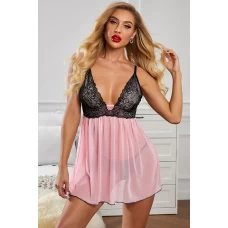 Women's Pink Lace Cups Tulle Babydoll Set