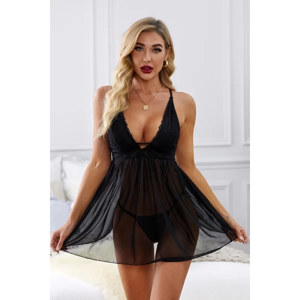 Women's Black Lace Cups Tulle Babydoll Set