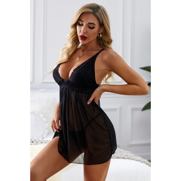 Women's Black Lace Cups Tulle Babydoll Set