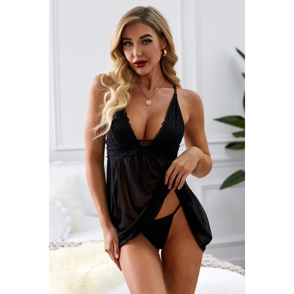 Women's Black Lace Cups Tulle Babydoll Set