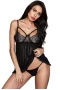 Women's Black Strappy Lace Mesh Babydoll with Split Back