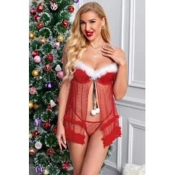 Women's 2pcs Red Plush Dotted Ruffled Mesh Lingerie Thong Christmas Costume