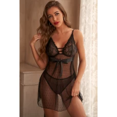 Women's Black Crochet Lace Bow knot Dot Mesh Slit Babydoll