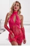 Women's Pink Halter Neck Backless Lace Babydoll with Thong and Gloves